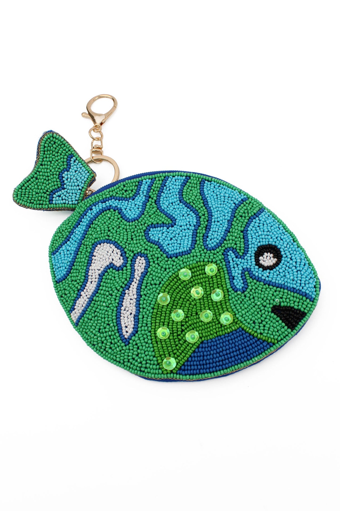 BLUE FISH BEADED PURSE WITH KEYRING