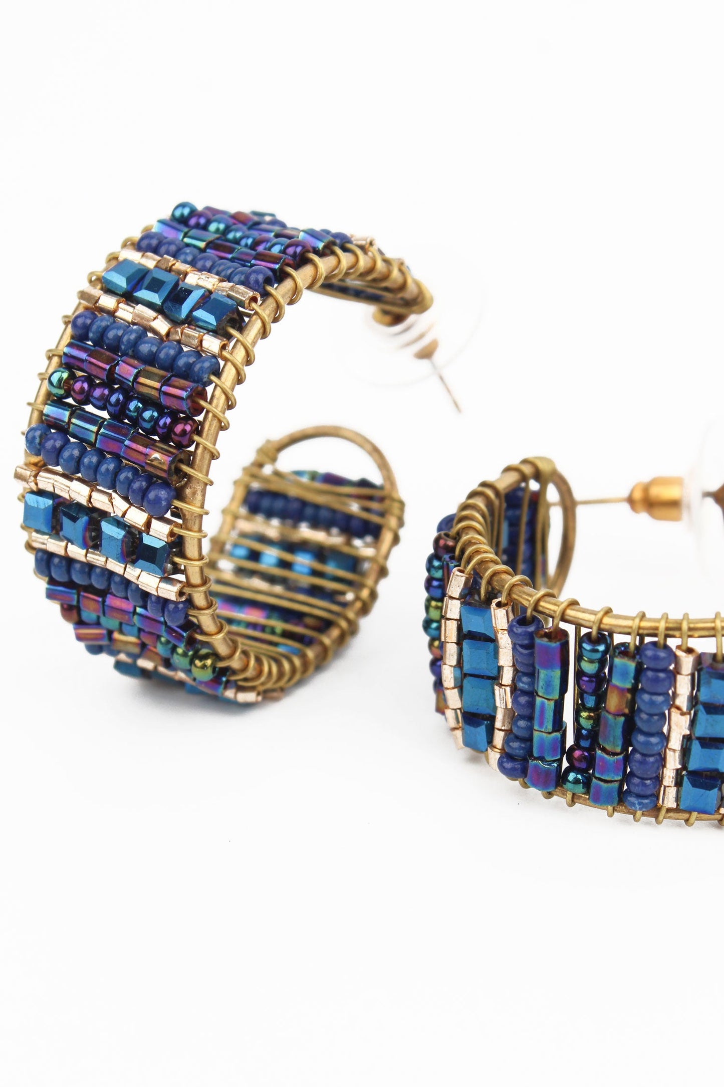 BLUE HOOP WRAPPED BEADED EARRINGS