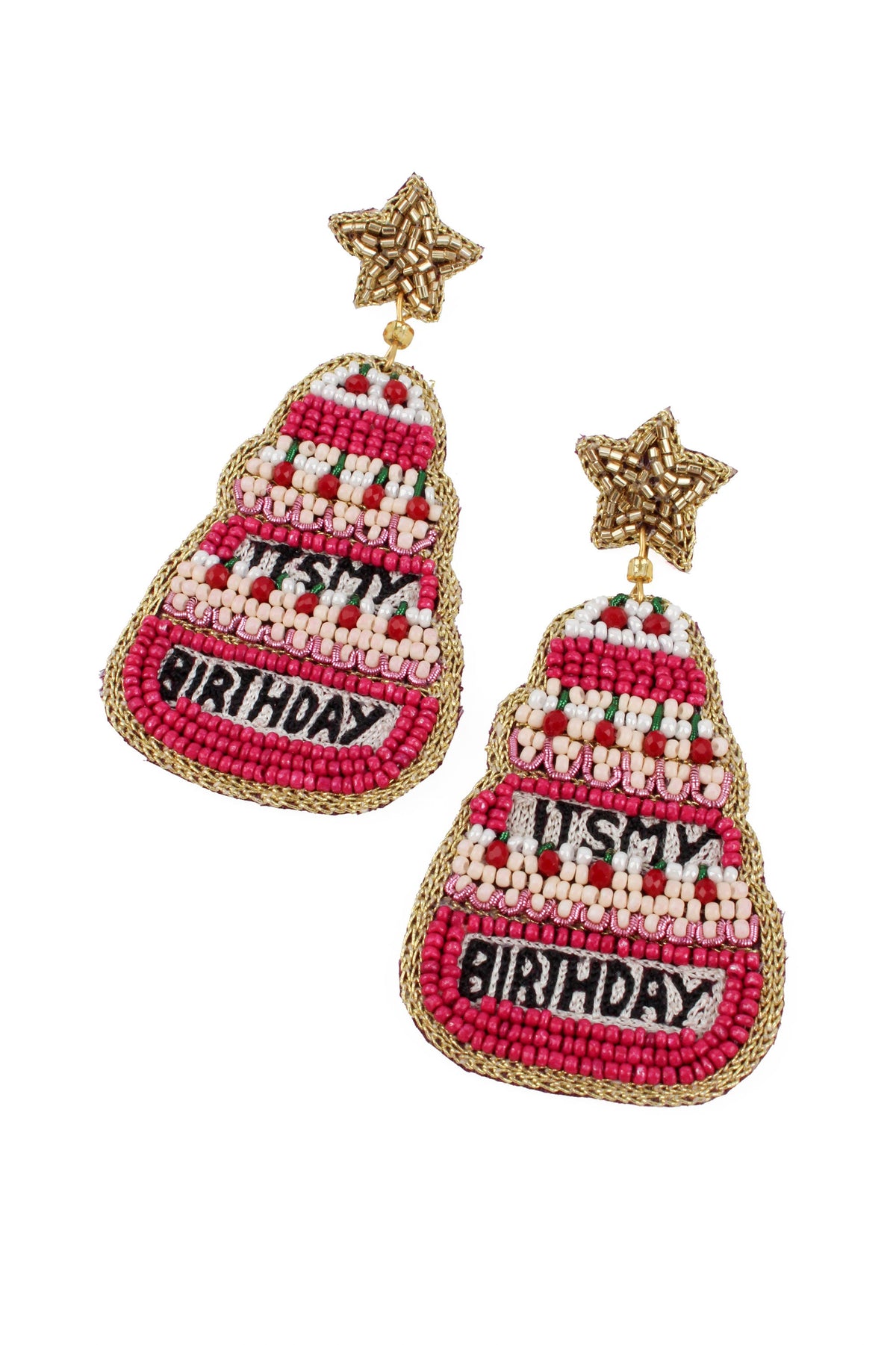DARK PINK BEADED DOUBLE BIRTHDAY CAKE EARRINGS