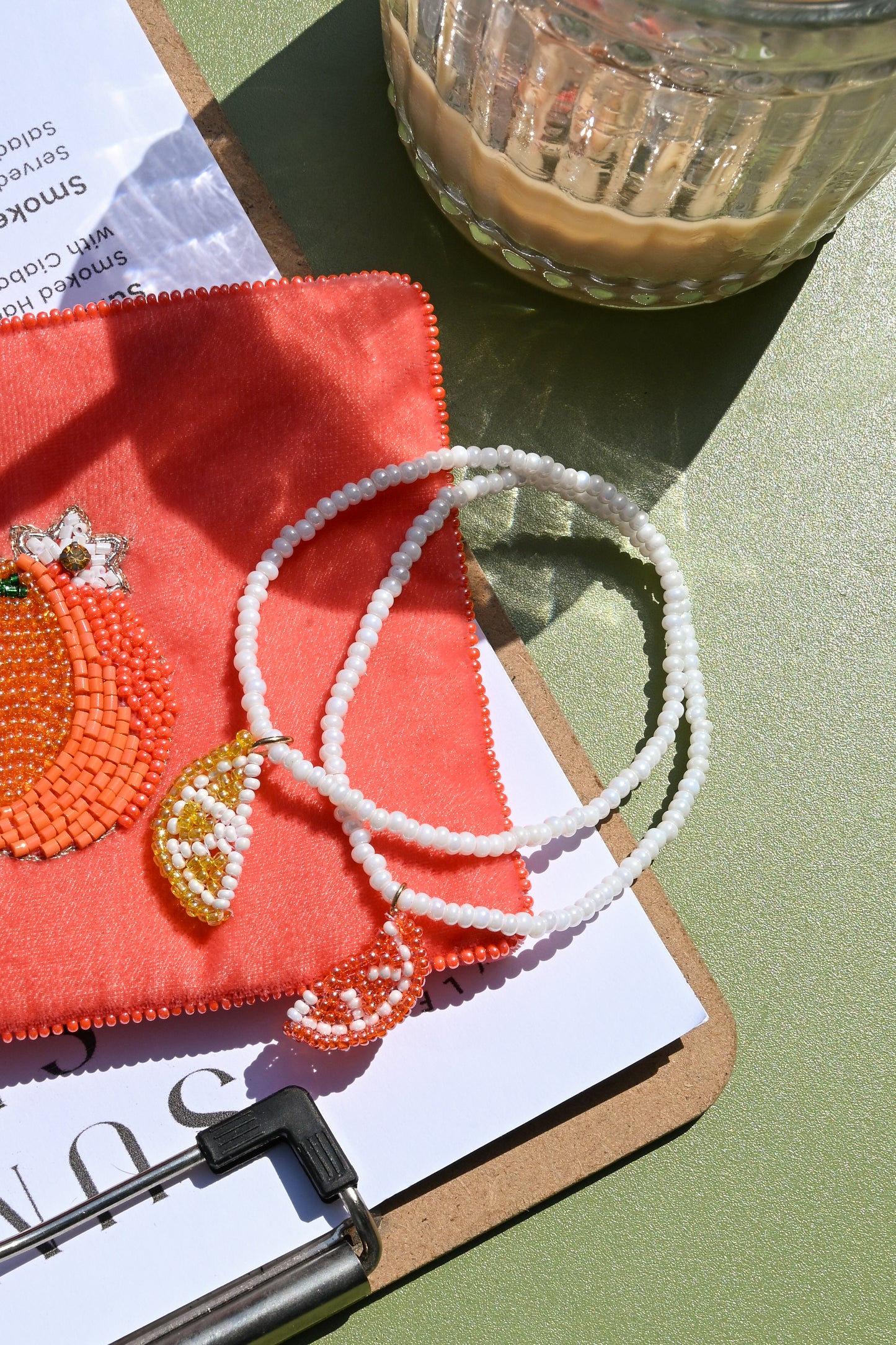 ORANGE SLICE ON PEARL SEED BEAD BRACELET