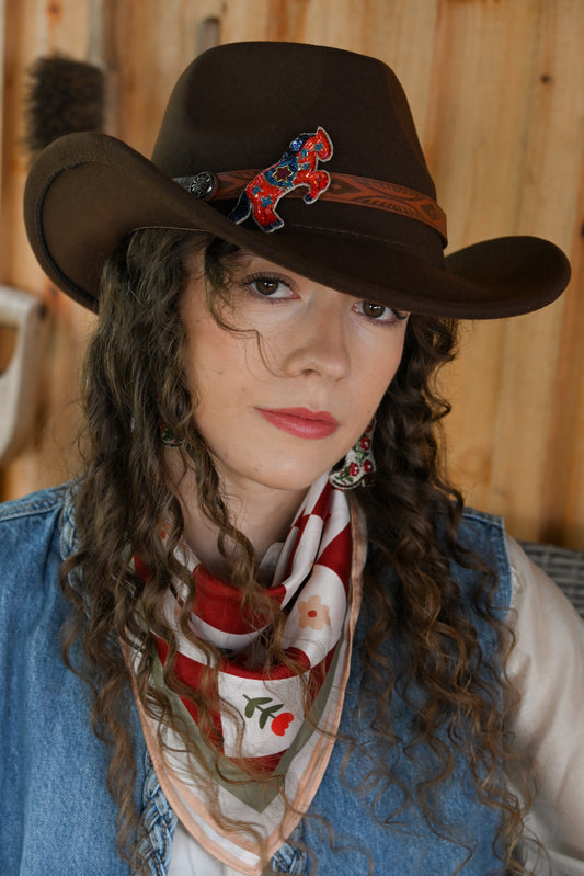 RED AND BLUE FOLK HORSE BROOCH