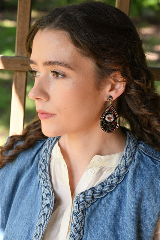 BLACK FLORAL BEADED TEARDROP EARRINGS