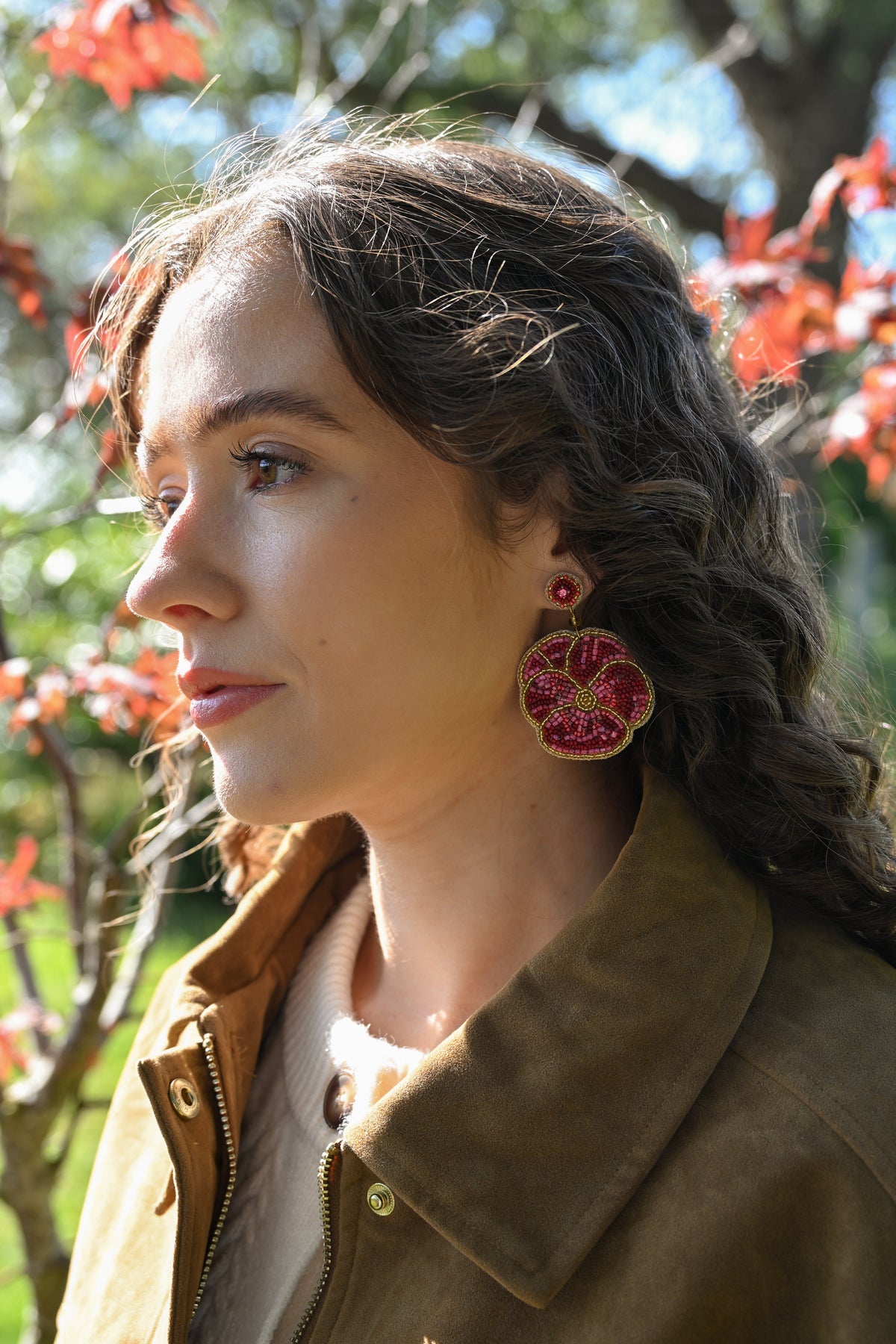 DARK PINK WINTER PANSY BEADED EARRINGS