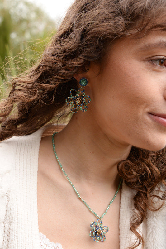 TURQUOISE BEADED FLOWER EARRINGS