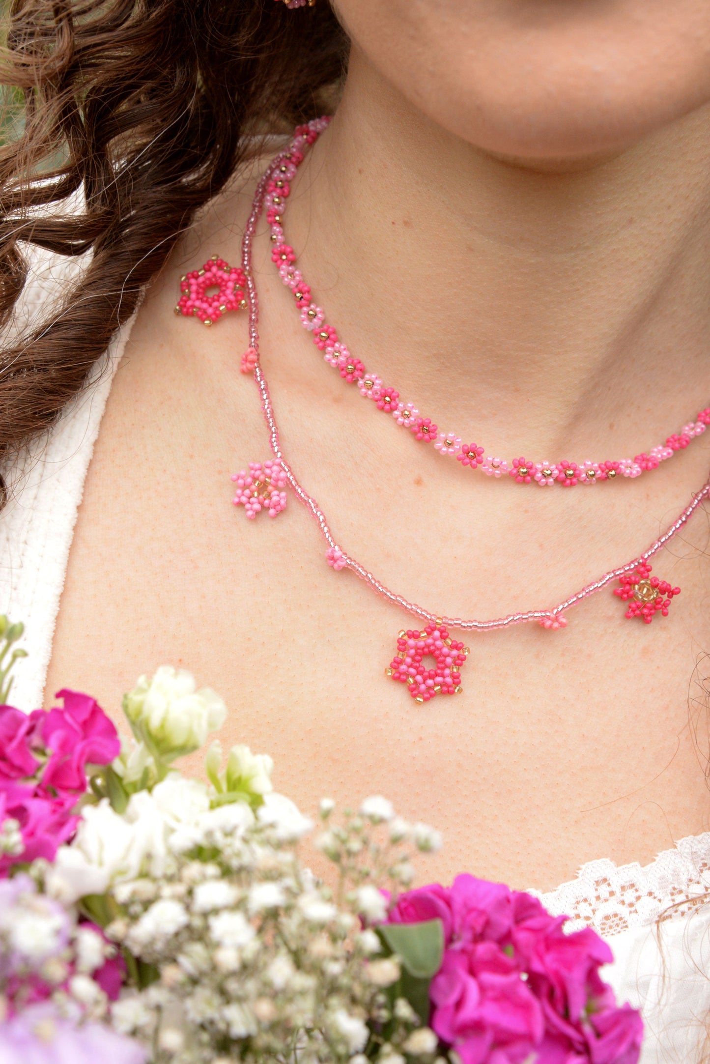 PINK BEADED FLOWER CHARM NECKLACE