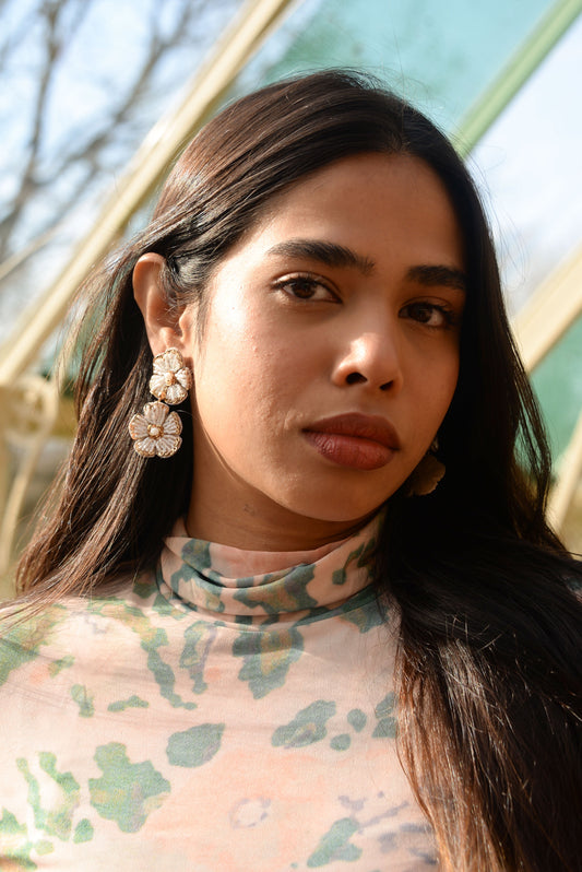 PEARL AND GOLD FLORAL DOUBLE DROP EARRINGS
