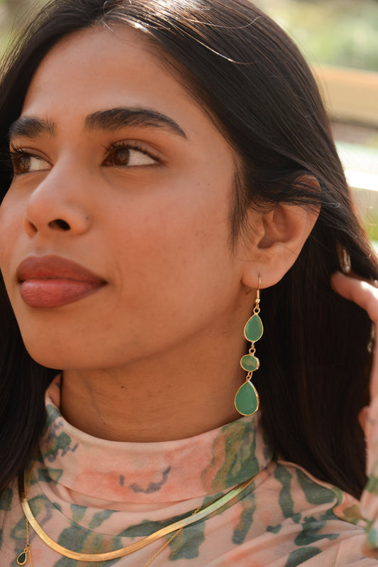 GREEN TRIPLE GEMSTONE DROP EARRINGS