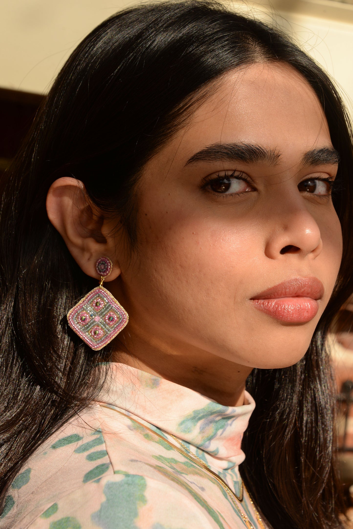 PINK AND GREEN DIAGONAL BEADED EARRINGS