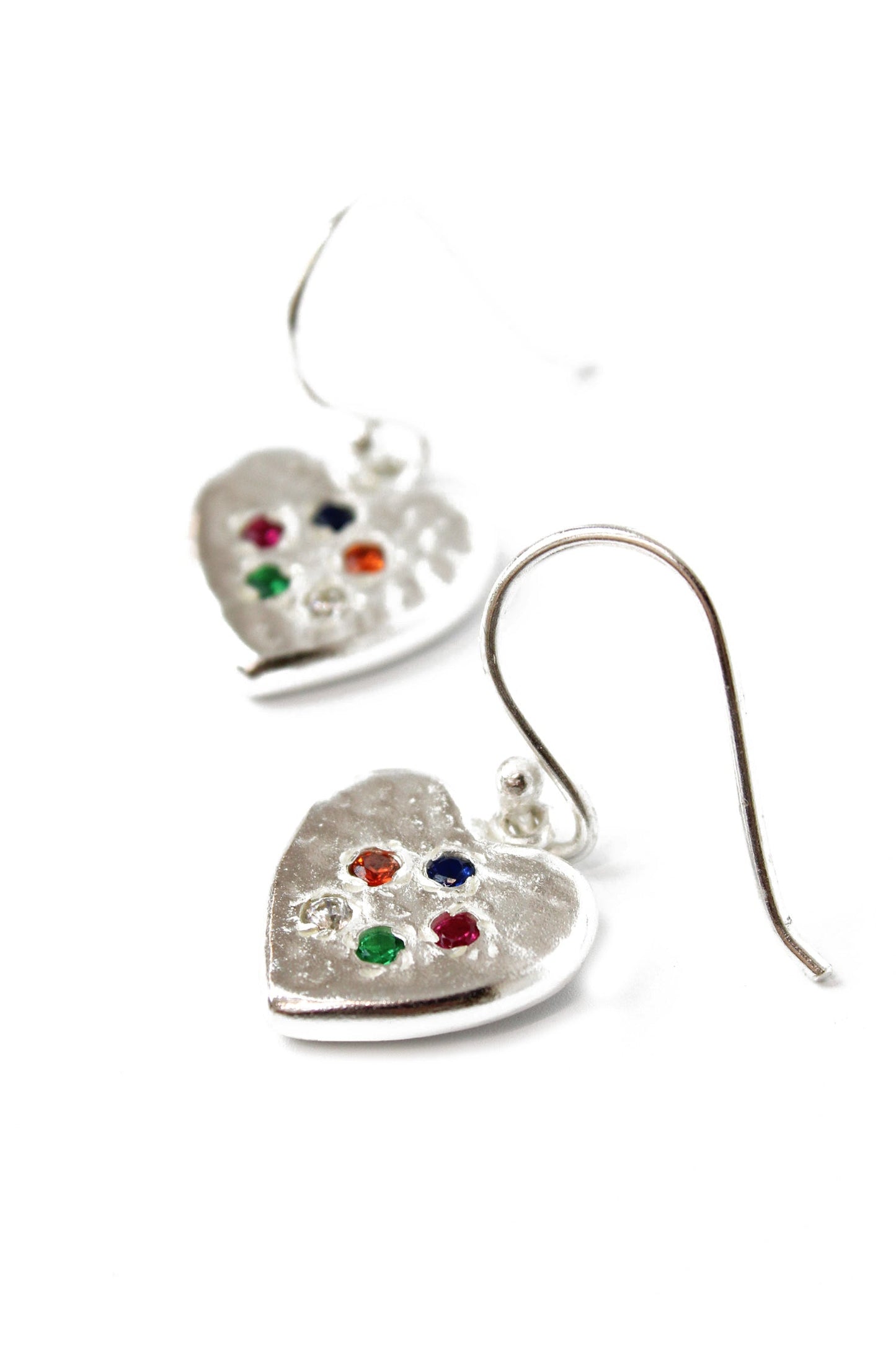 SILVER HEART GEM STUDDED HOOK EARRINGS