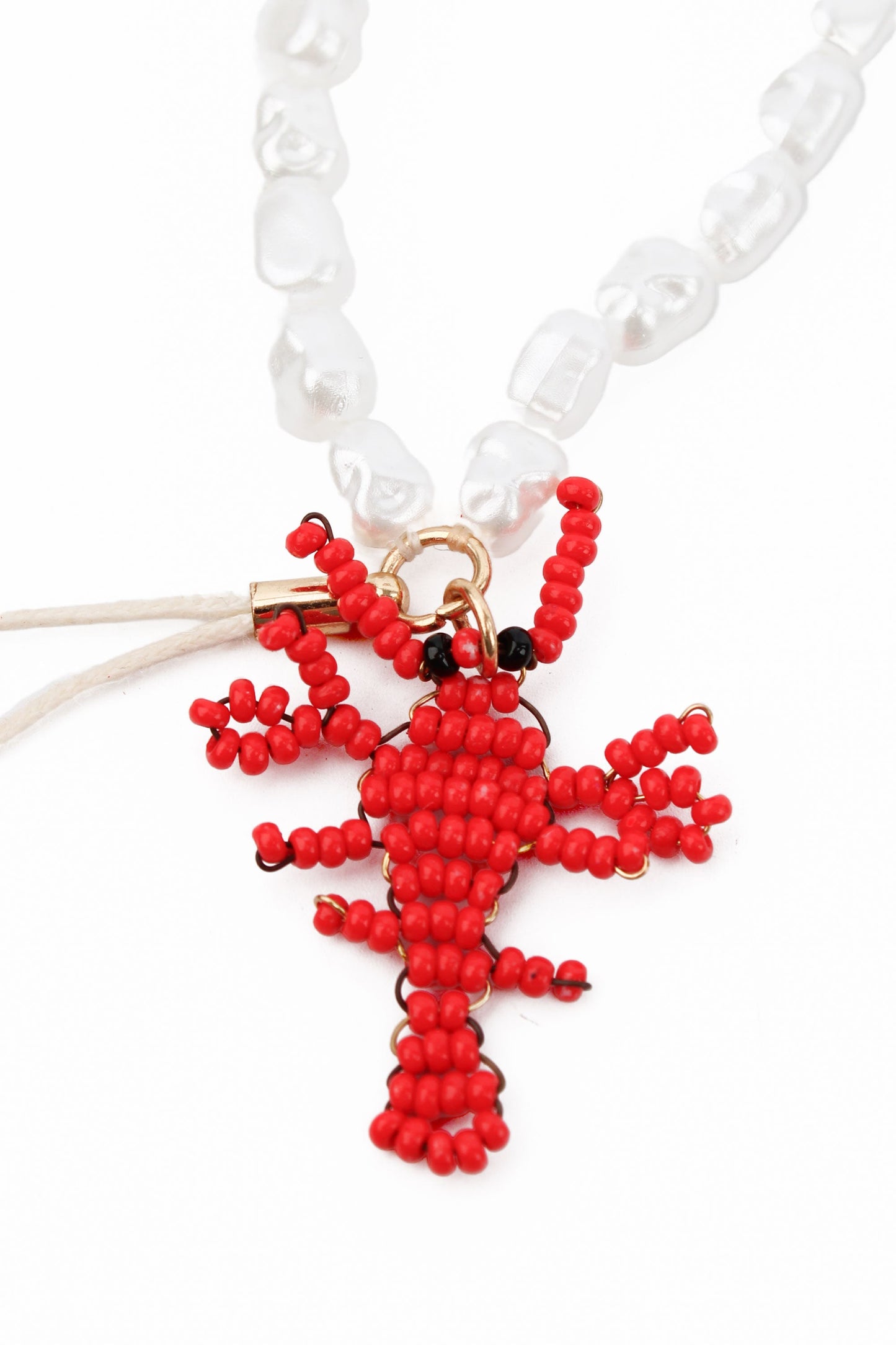 PEARL BEAD PHONE CHAIN WITH RED LOBSTER CHARMS