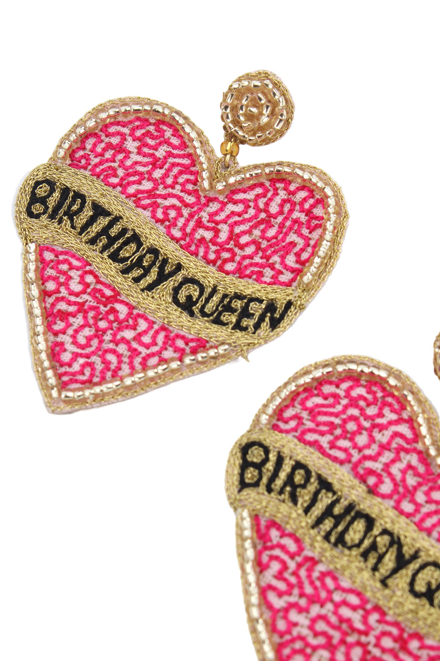 PINK BEADED BIRTHDAY QUEEN HEART EARRINGS
