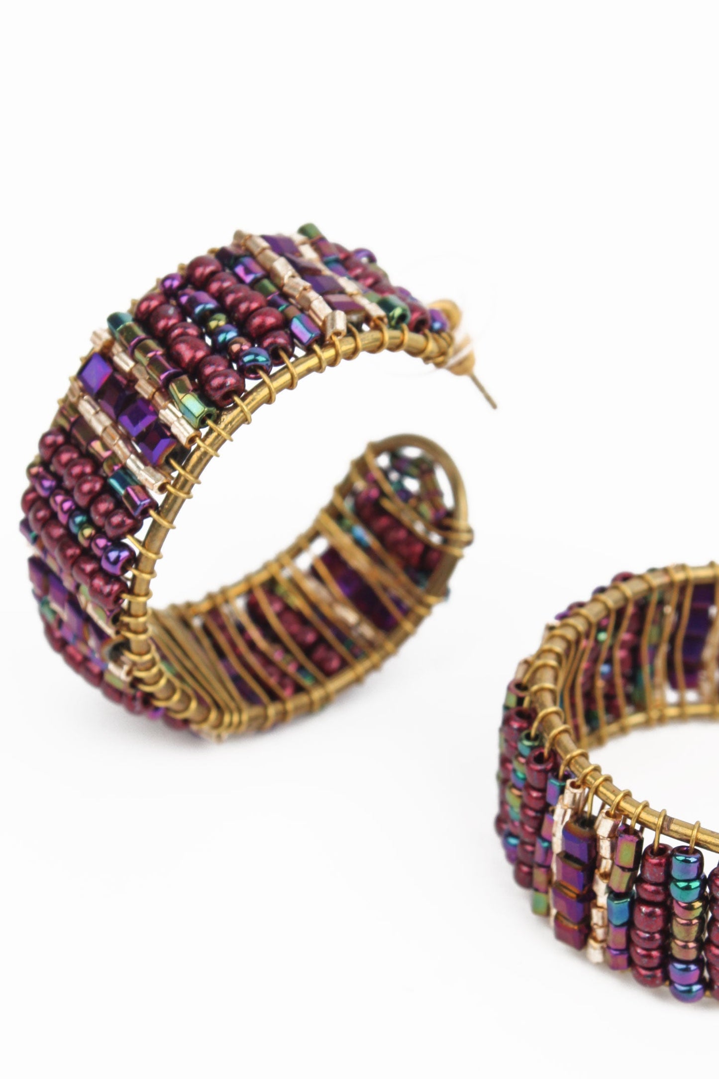 PURPLE HOOP WRAPPED BEADED EARRINGS