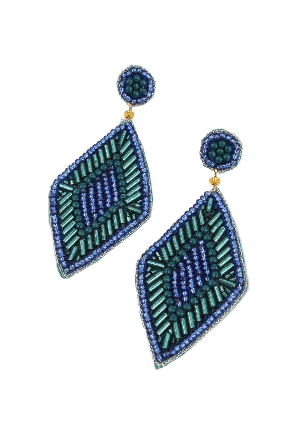TEAL AND BLUE BEADED DIAMOND SHAPE EARRINGS