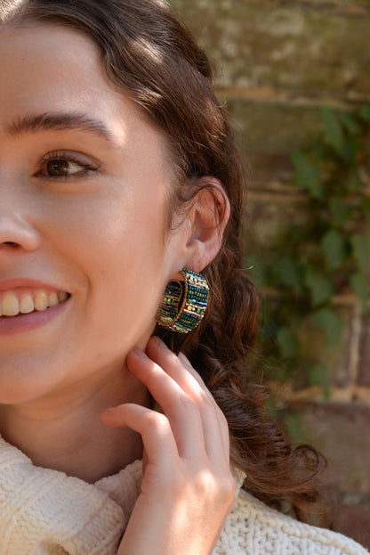 GREEN HOOP WRAPPED BEADED EARRINGS