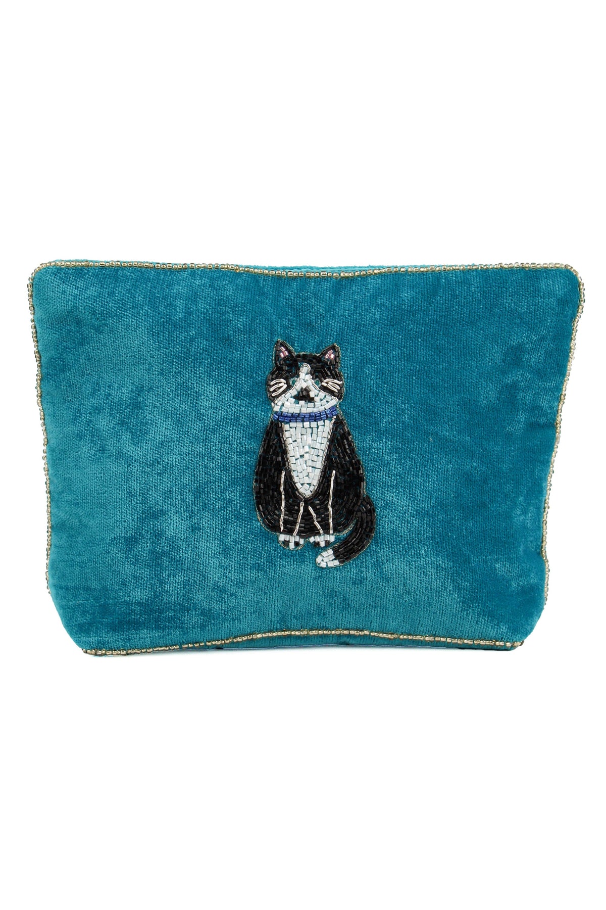 BLACK AND WHITE CAT ON TEAL MEDIUM POUCH