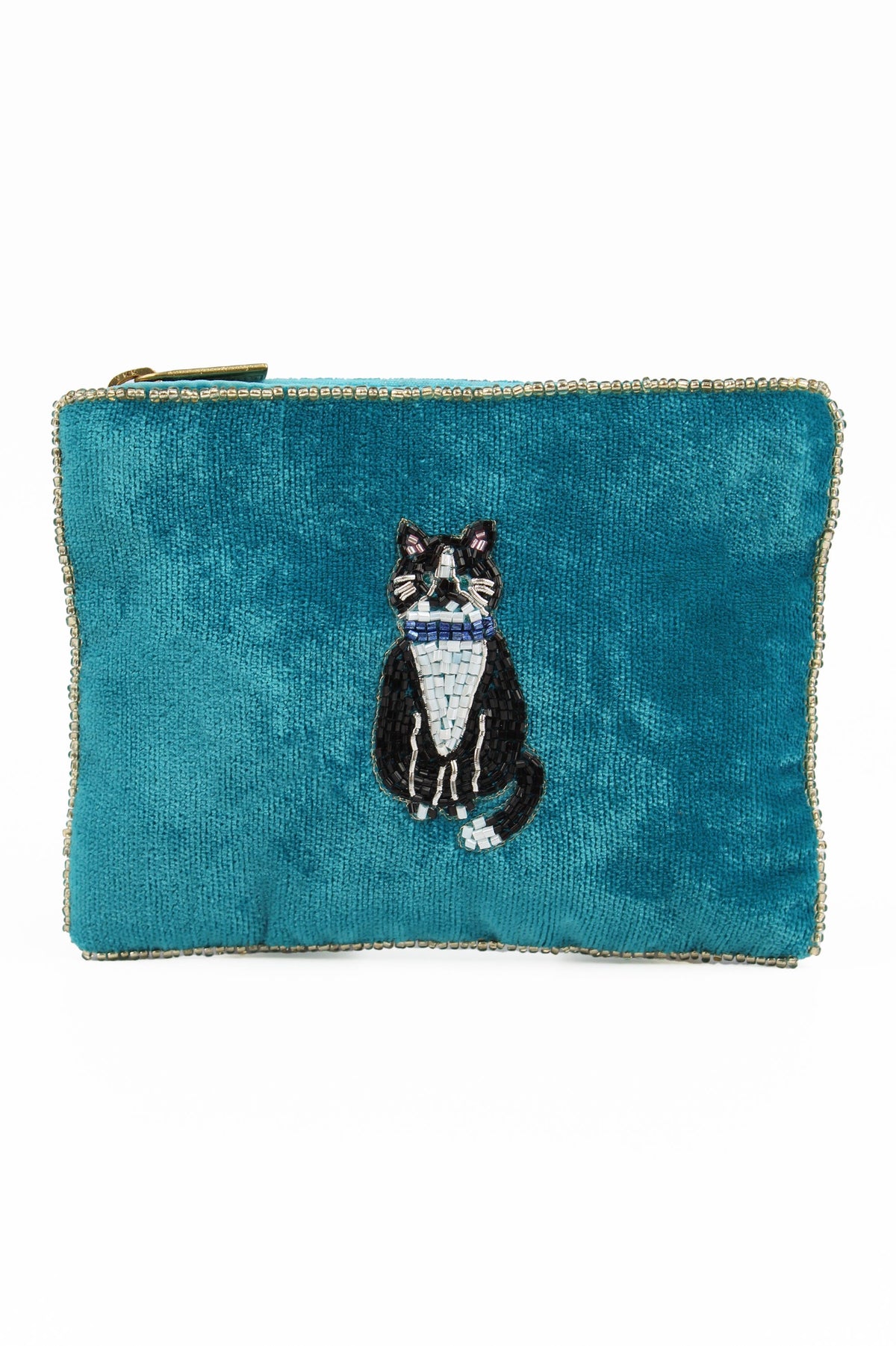 BLACK AND WHITE CAT ON TEAL SMALL POUCH