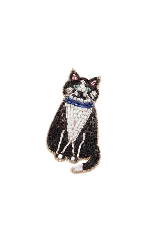 BLACK AND WHITE CAT WITH COLLAR BROOCH