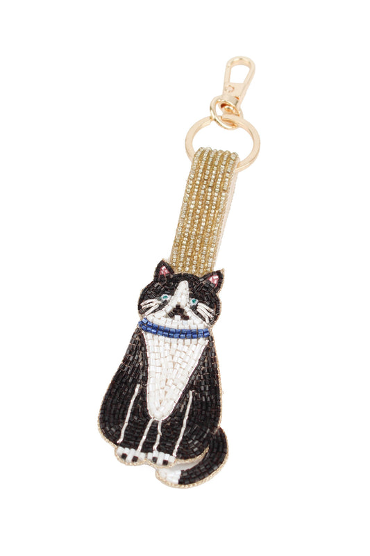 BLACK AND WHITE CAT WITH COLLAR KEYRING/BAG CHARM