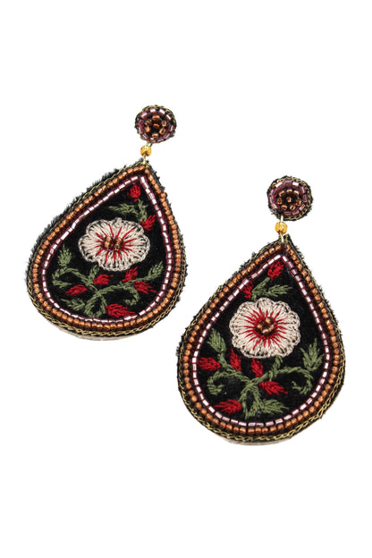 BLACK FLORAL BEADED TEARDROP EARRINGS