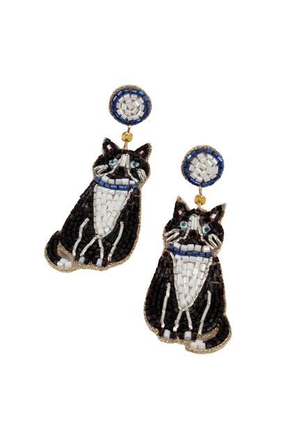 BLACK AND WHITE CAT WITH COLLAR BEADED EARRINGS
