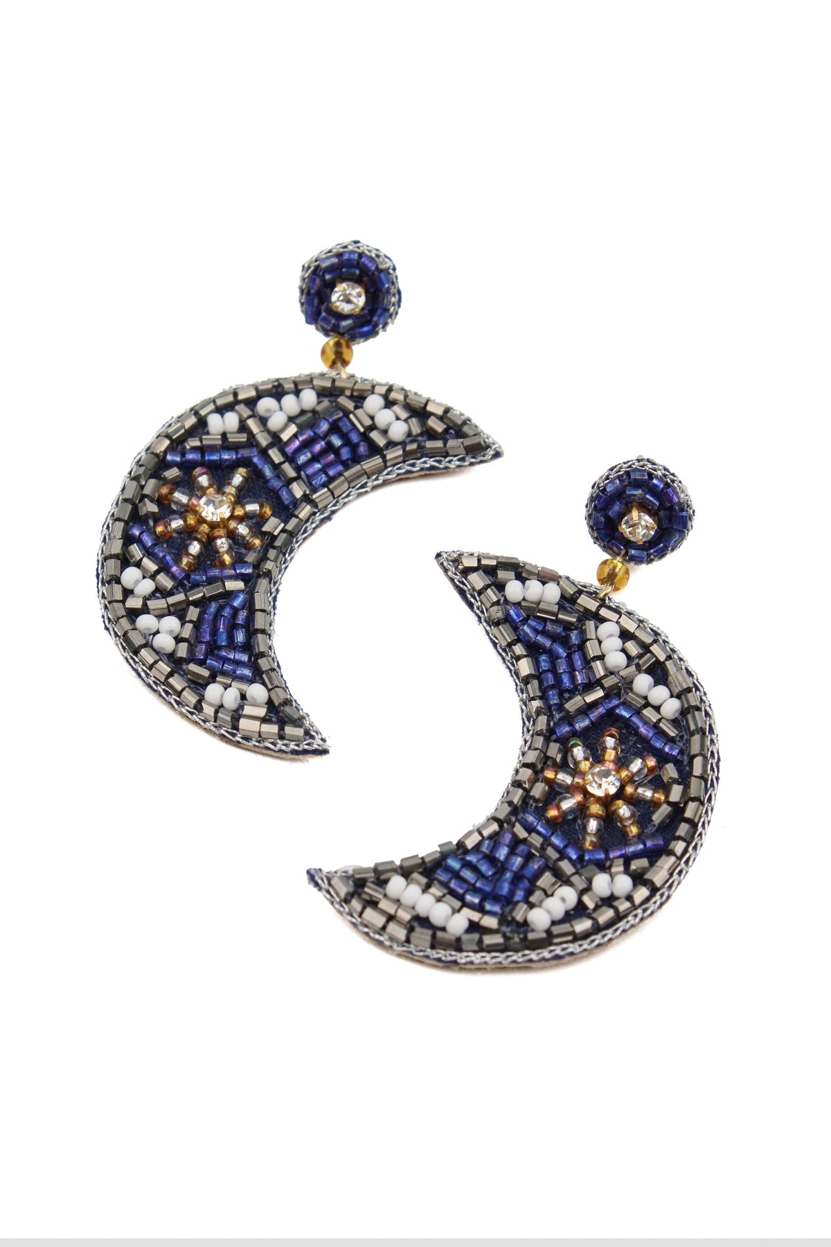 BLUE AND SILVER BEADED MOON EARRINGS