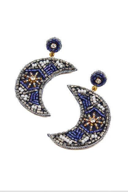 BLUE AND SILVER BEADED MOON EARRINGS