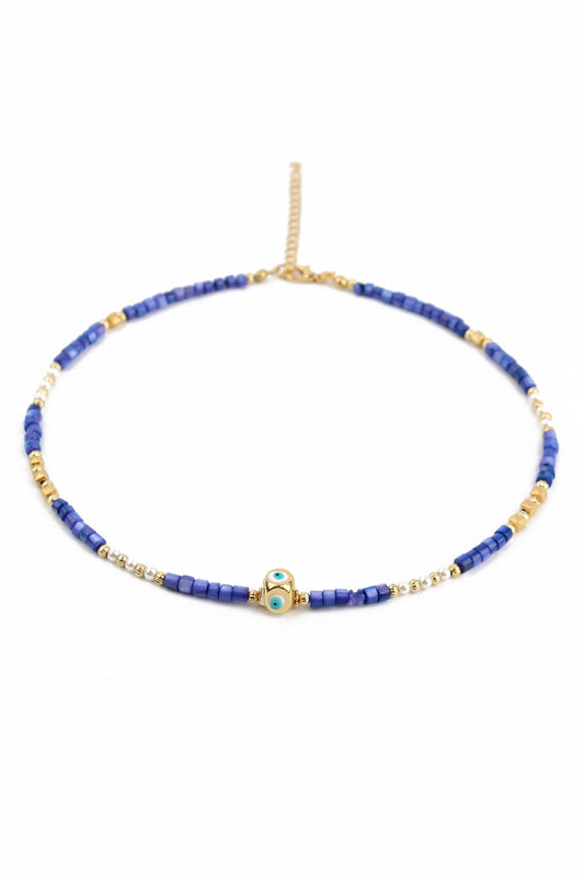 BLUE BEADED AND GOLD EYE CHARM NECKLACE