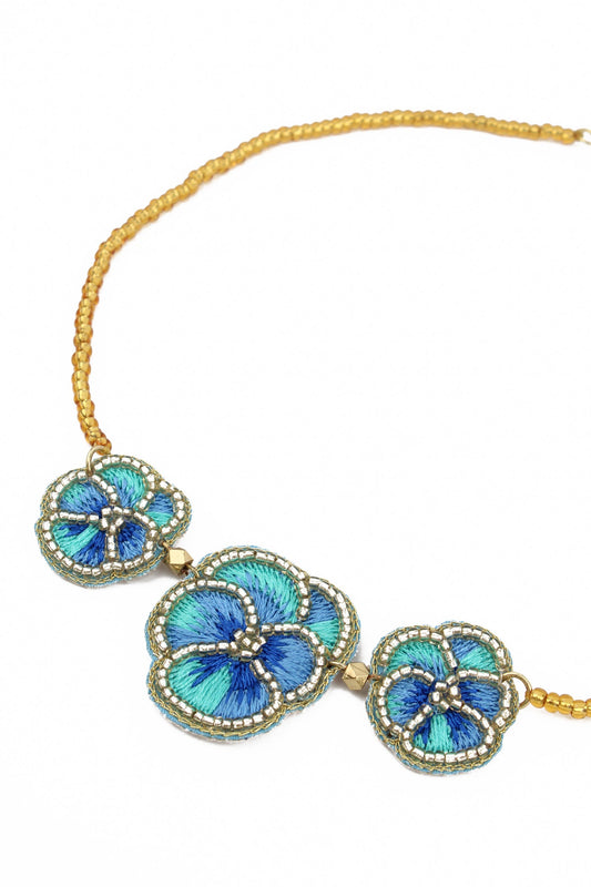 BLUE PANSY BEADED NECKLACE