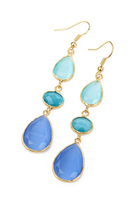 BLUE TRIPLE GEMSTONE DROP EARRINGS