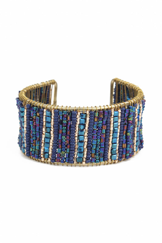 BLUE WRAPPED BEADED CUFF BRACELET