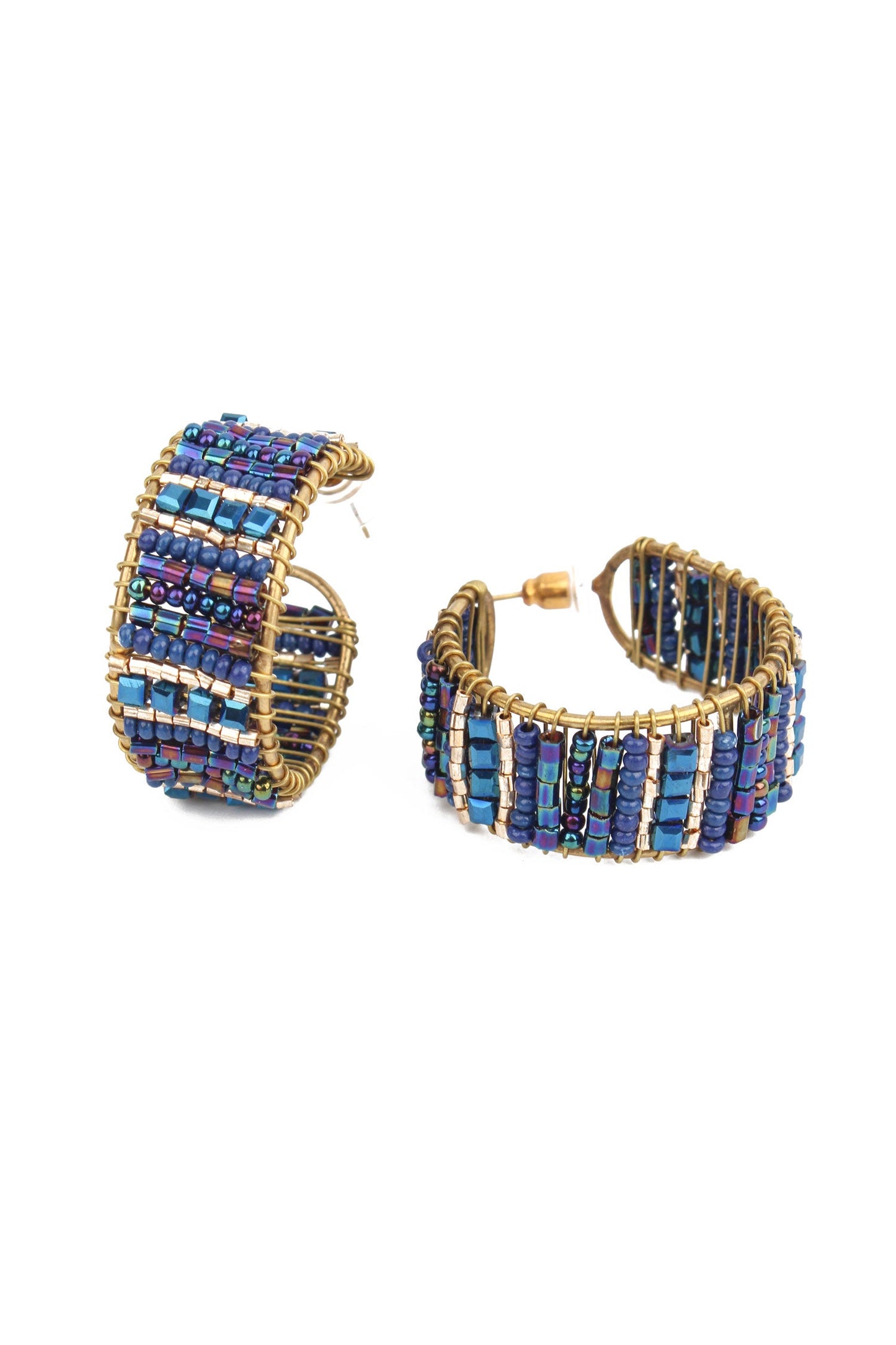 BLUE HOOP WRAPPED BEADED EARRINGS