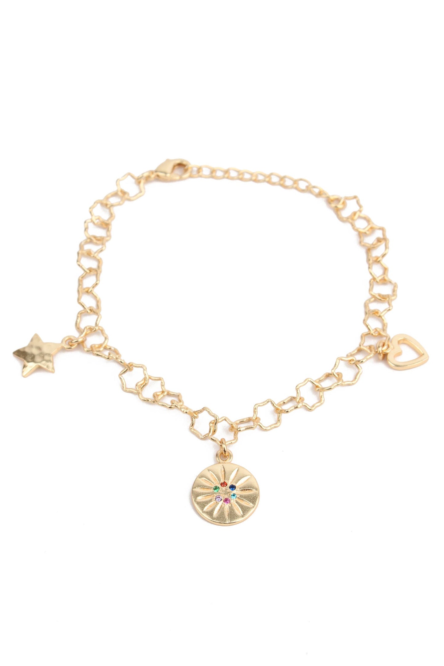 BRACELET WITH HEART, STAR AND DISC CHARM WITH CZ GOLD PLATED