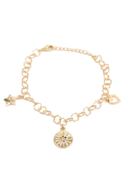 BRACELET WITH HEART, STAR AND DISC CHARM WITH CZ GOLD PLATED