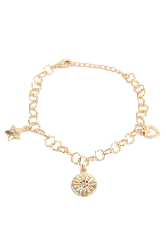 BRACELET WITH HEART, STAR AND DISC CHARM WITH CZ GOLD PLATED