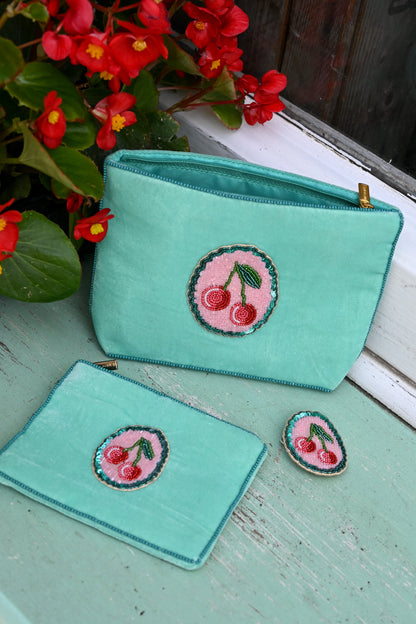 TEAL SCALLOP WITH CHERRY SMALL POUCH