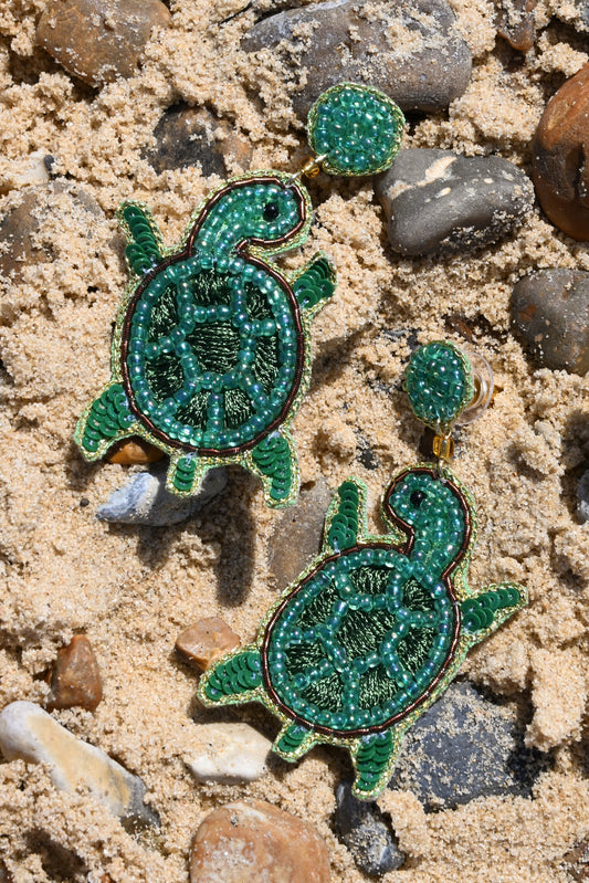 GREEN BEADED SEA TURTLE EARRINGS
