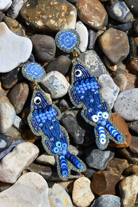 BLUE STITCH BEADED FISH EARRINGS