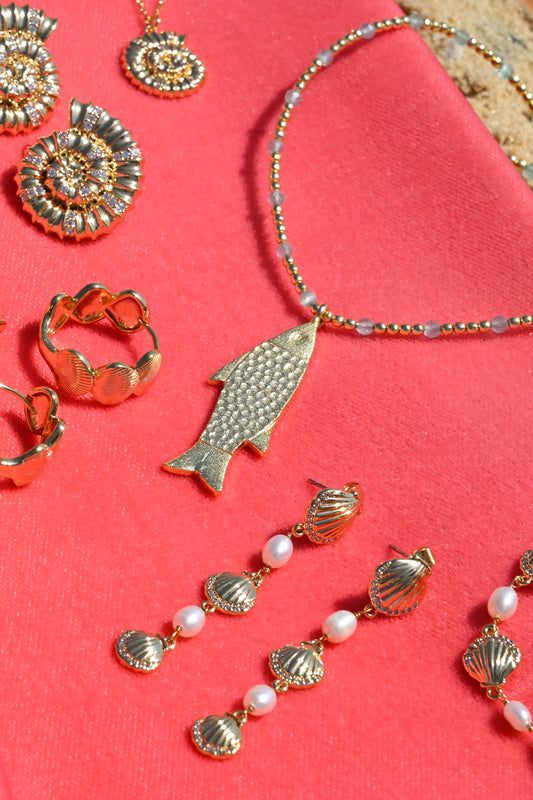 GOLD SHELL AND PEARL DROP EARRINGS