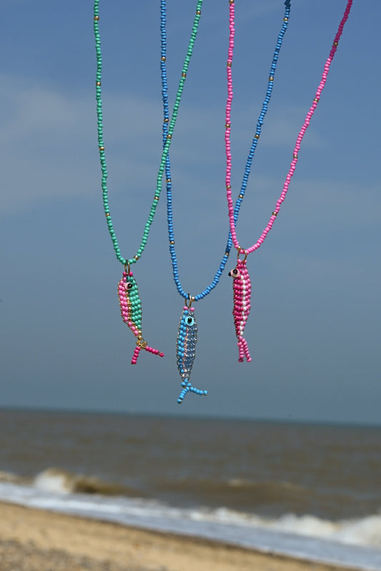 BLUE BEADED FISH NECKLACE