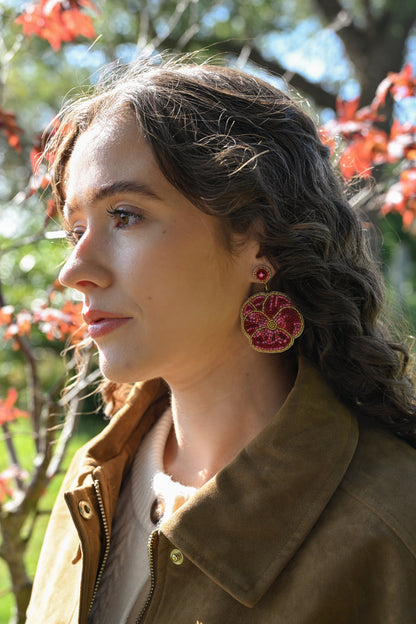 DARK PINK WINTER PANSY BEADED EARRINGS