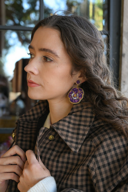 PURPLE WINTER PANSY BEADED EARRINGS