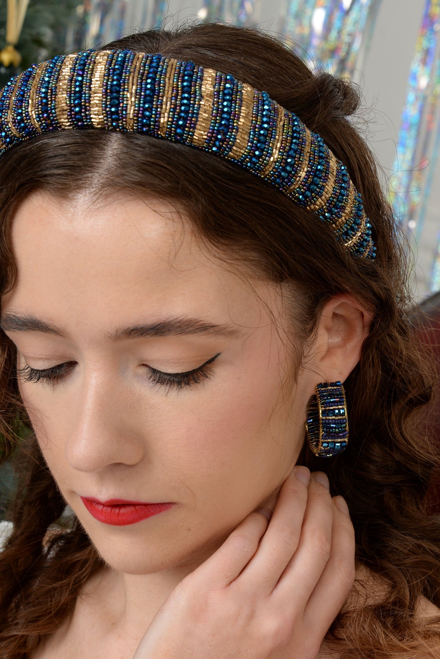 BLUE HOOP WRAPPED BEADED EARRINGS