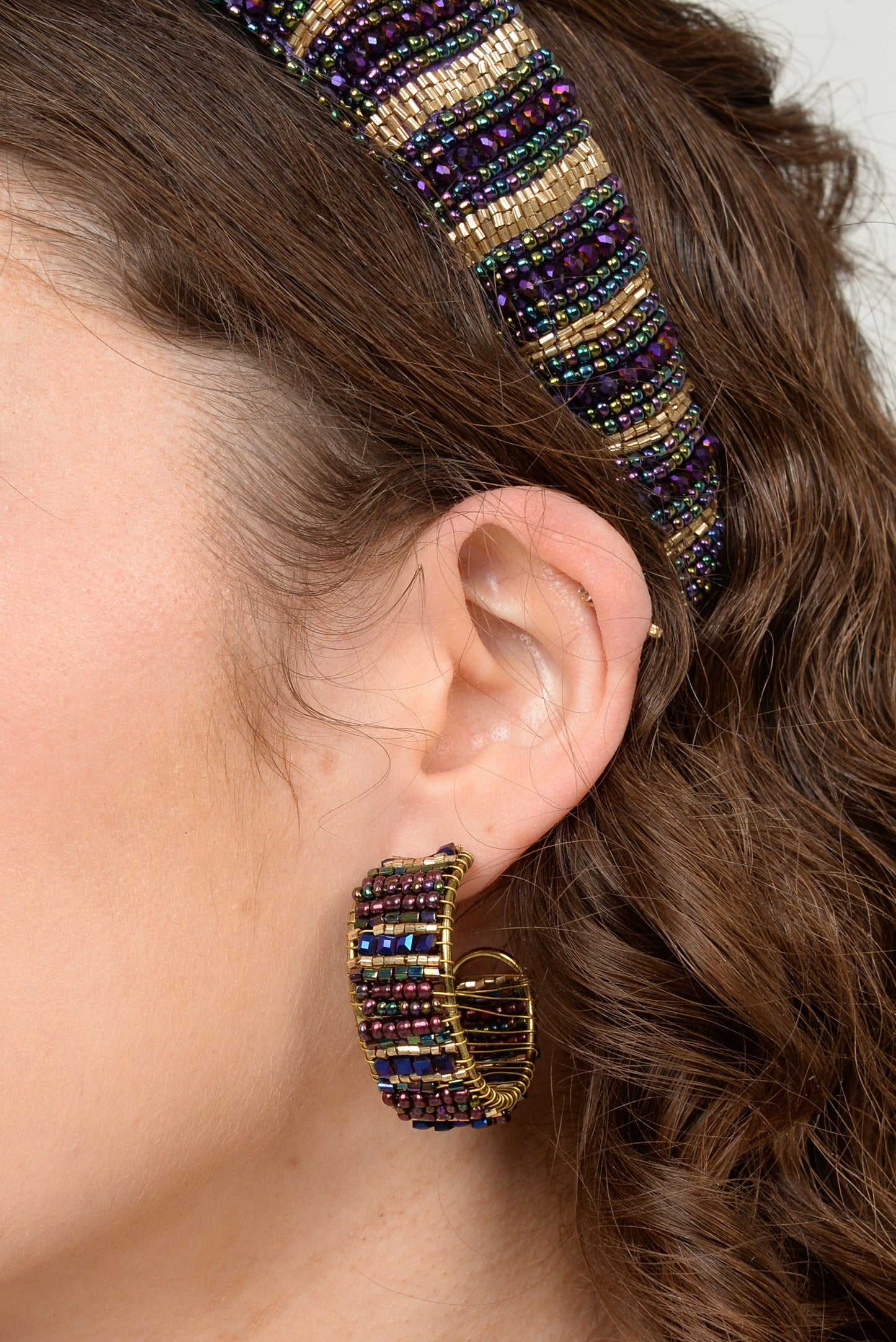 PURPLE HOOP WRAPPED BEADED EARRINGS