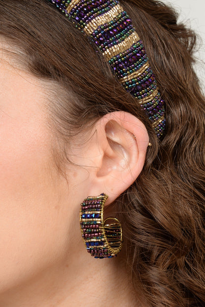 PURPLE HOOP WRAPPED BEADED EARRINGS