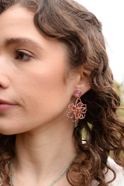PINK BEADED FLOWER EARRINGS