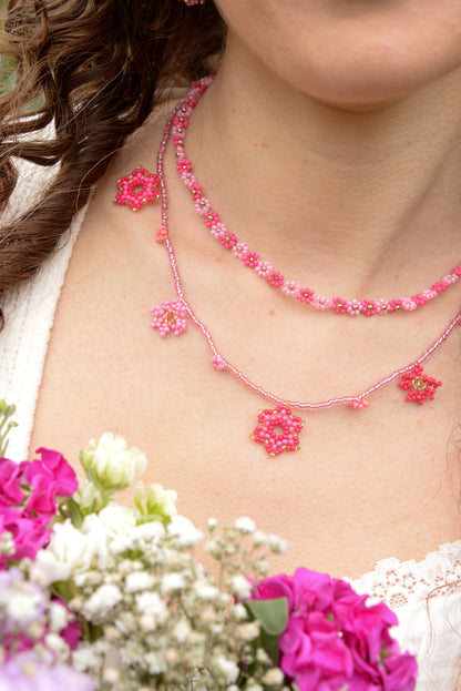 PINK BEADED FLOWER CHARM NECKLACE