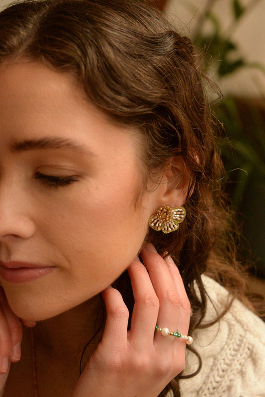 GOLD AND PEARL HALF FLOWER EARRINGS