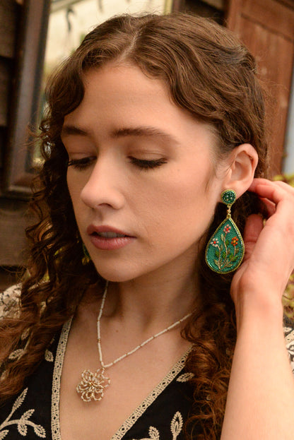 BLUE EMBROIDERY FOLK FLORAL TEARDROP EARRINGS