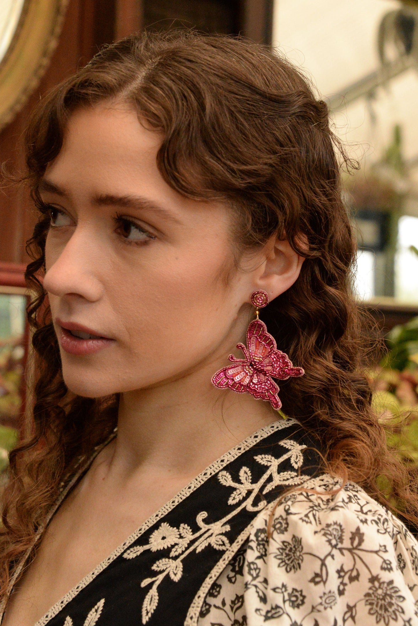 PINK BUTTERFLY BEADED EARRINGS