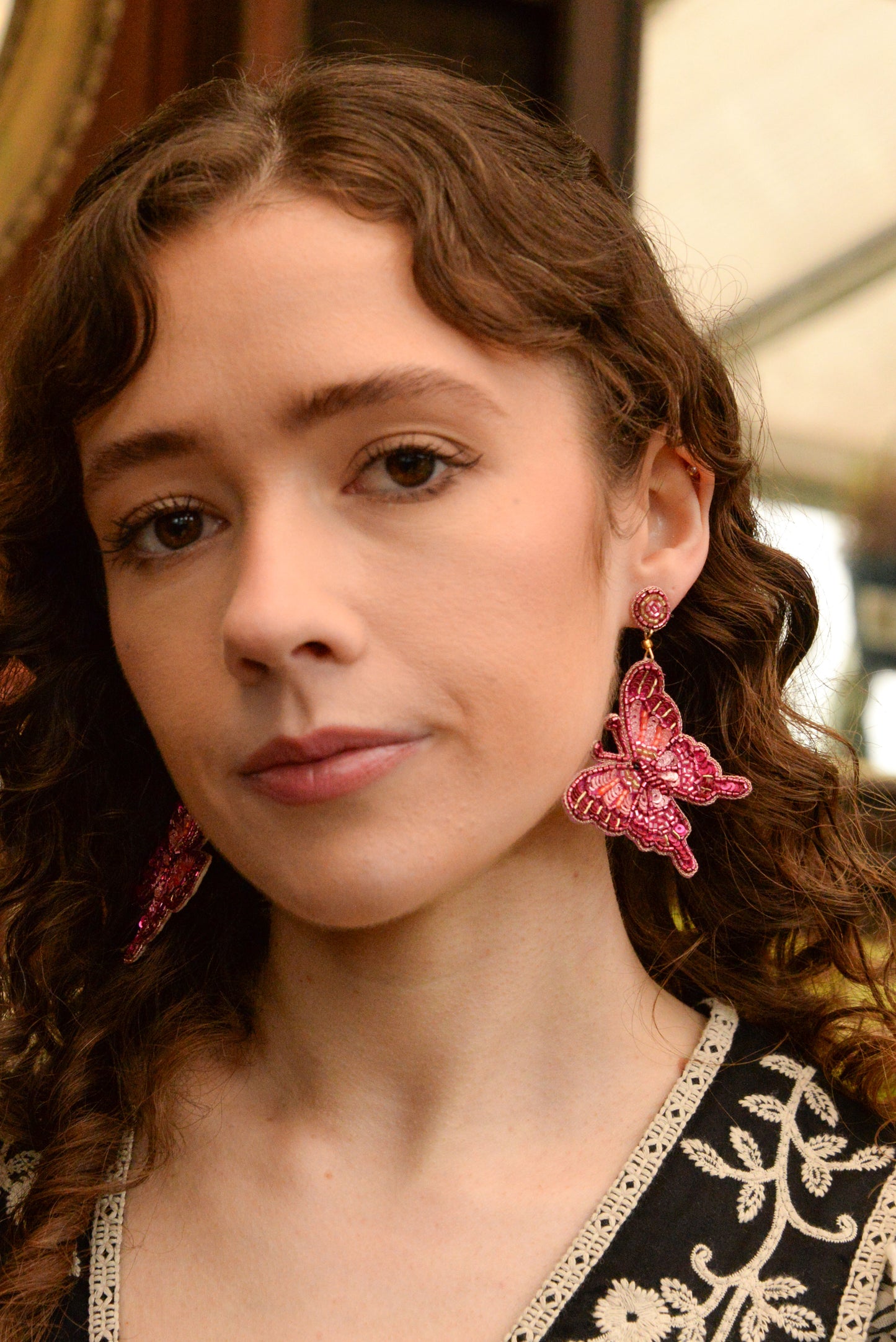 PINK BUTTERFLY BEADED EARRINGS